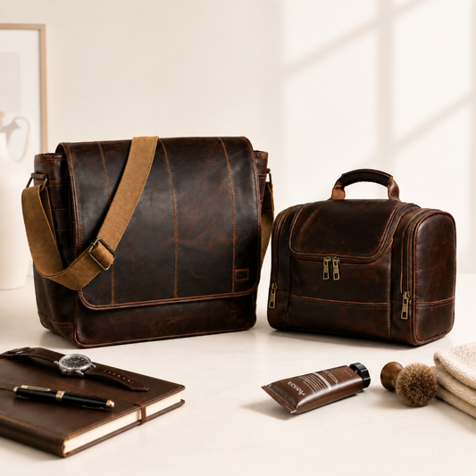 The Regal Briefcase & Leather Wash Bag Combo
